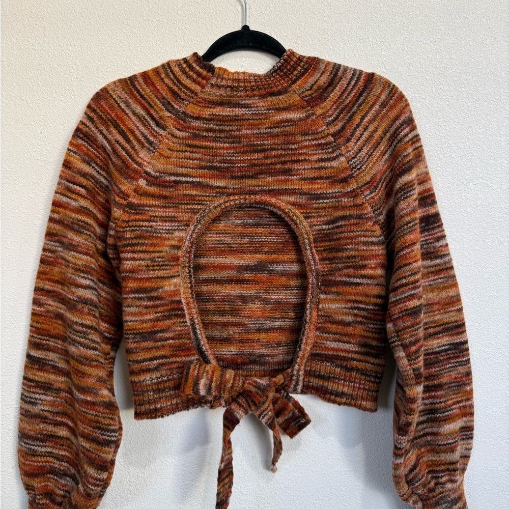 Vanilla Star Brown Marled Open Back Tie Sweater S Boho Y2K Fall Balloon Sleeve - Picture 2 of 11